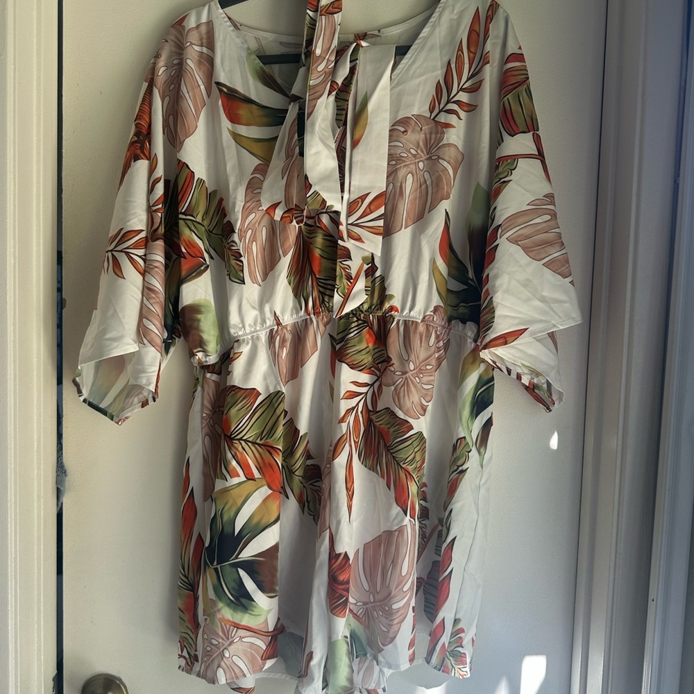 Tropical Leaf Print Kimono jumpsuit with tie